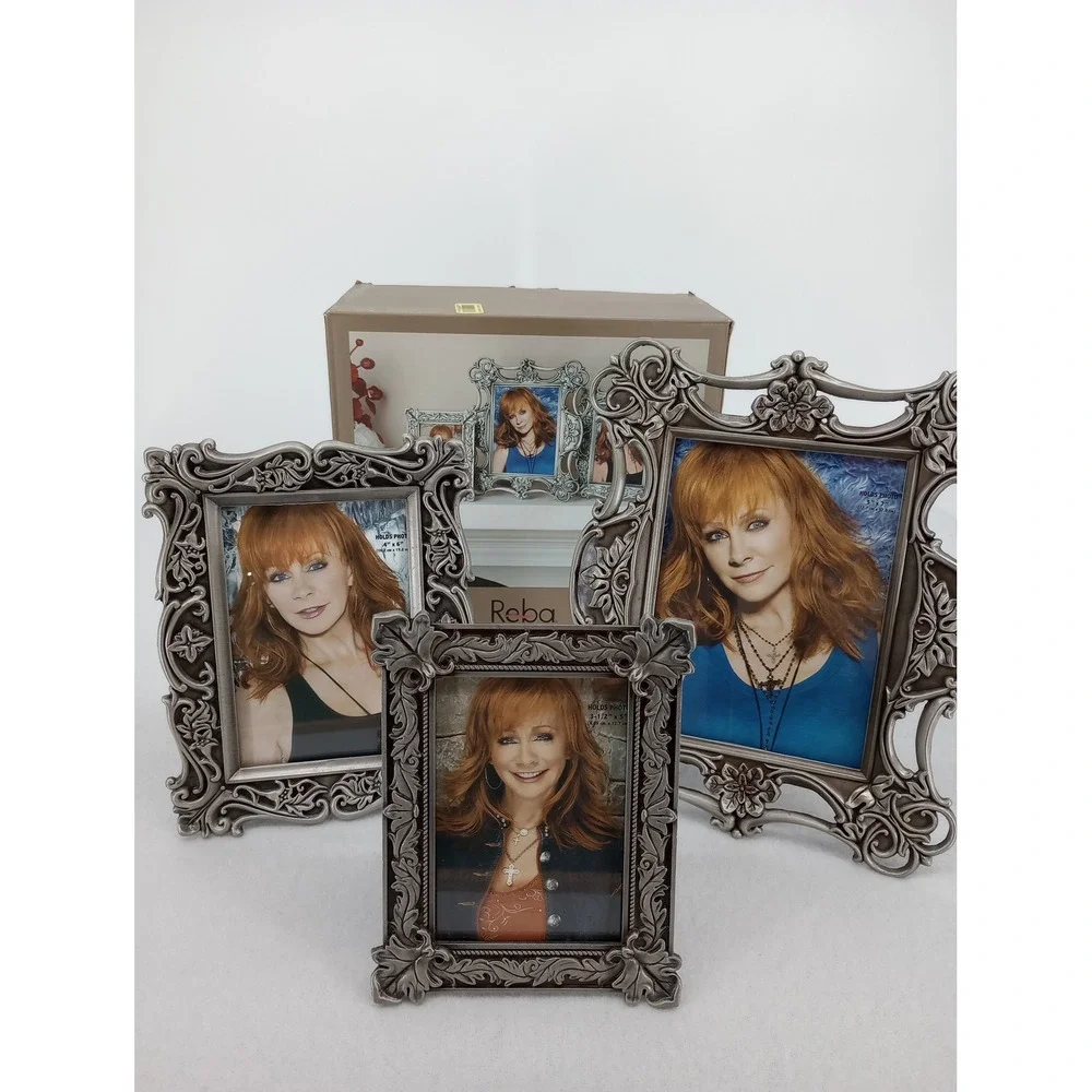 Reba Photo Frames Set of 3 Silver Ornate Scroll Floral Pewter Finish with Box